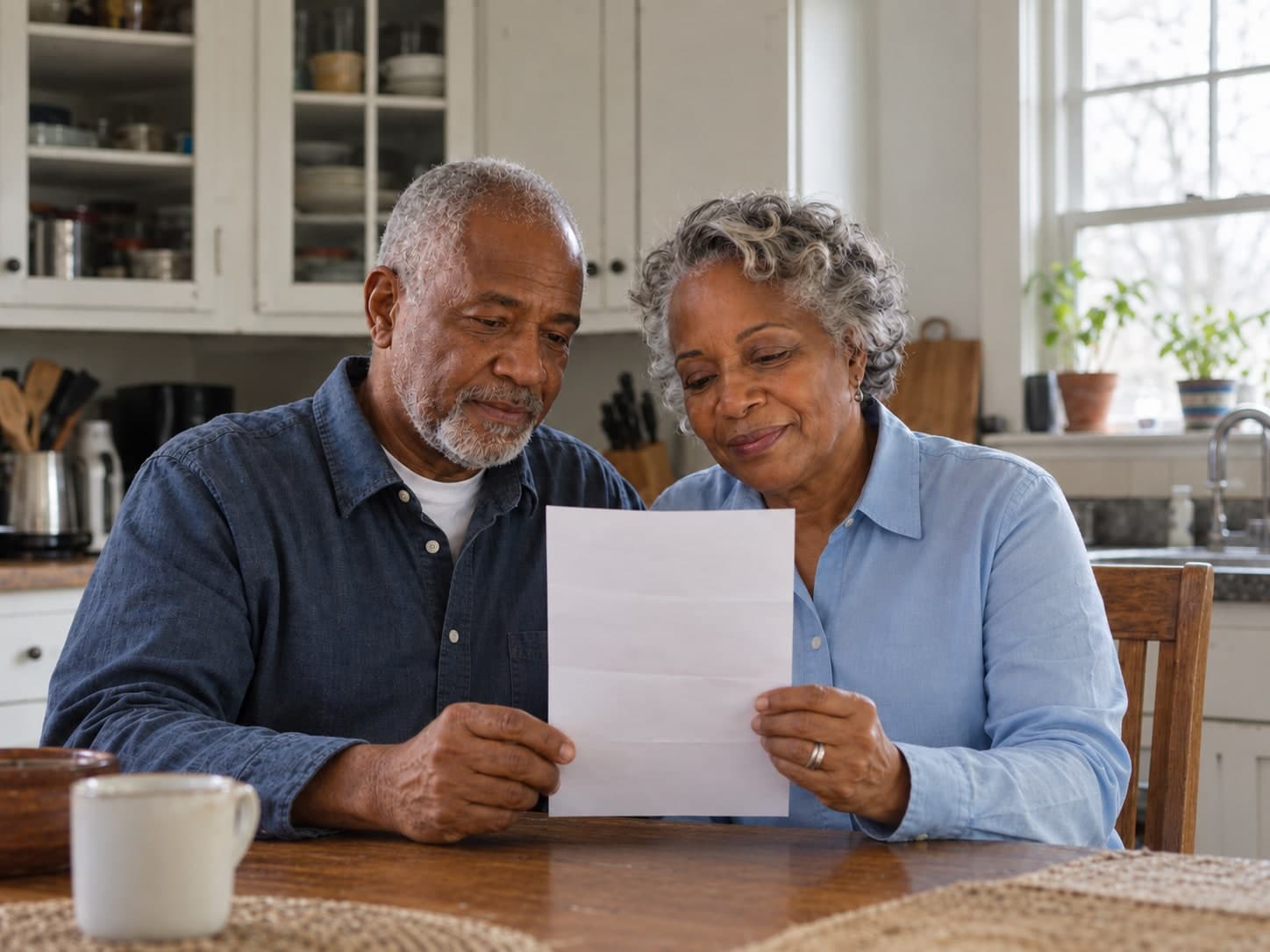 A couple reading a letter together at a kitchen table