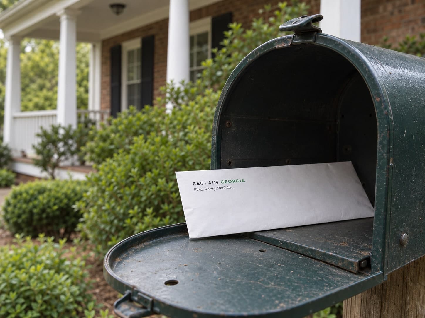 A Reclaim Georgia envelope resting in an open residential mailbox